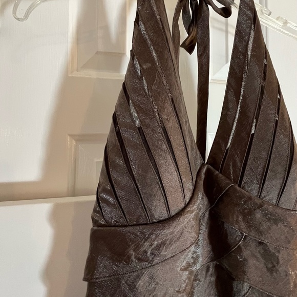 Cache Women’s Designer Halter Style Tiered Cocktail Dress Brown Metallic Shimmer - Picture 11 of 16